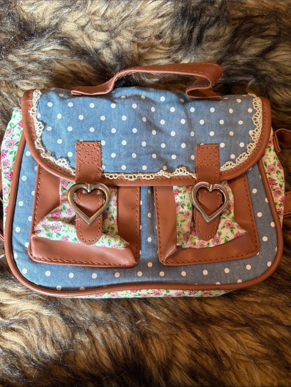Clair’s Club Kids Mini Polka Dot Blue & Brown Heart-Accent Crossbody Bag